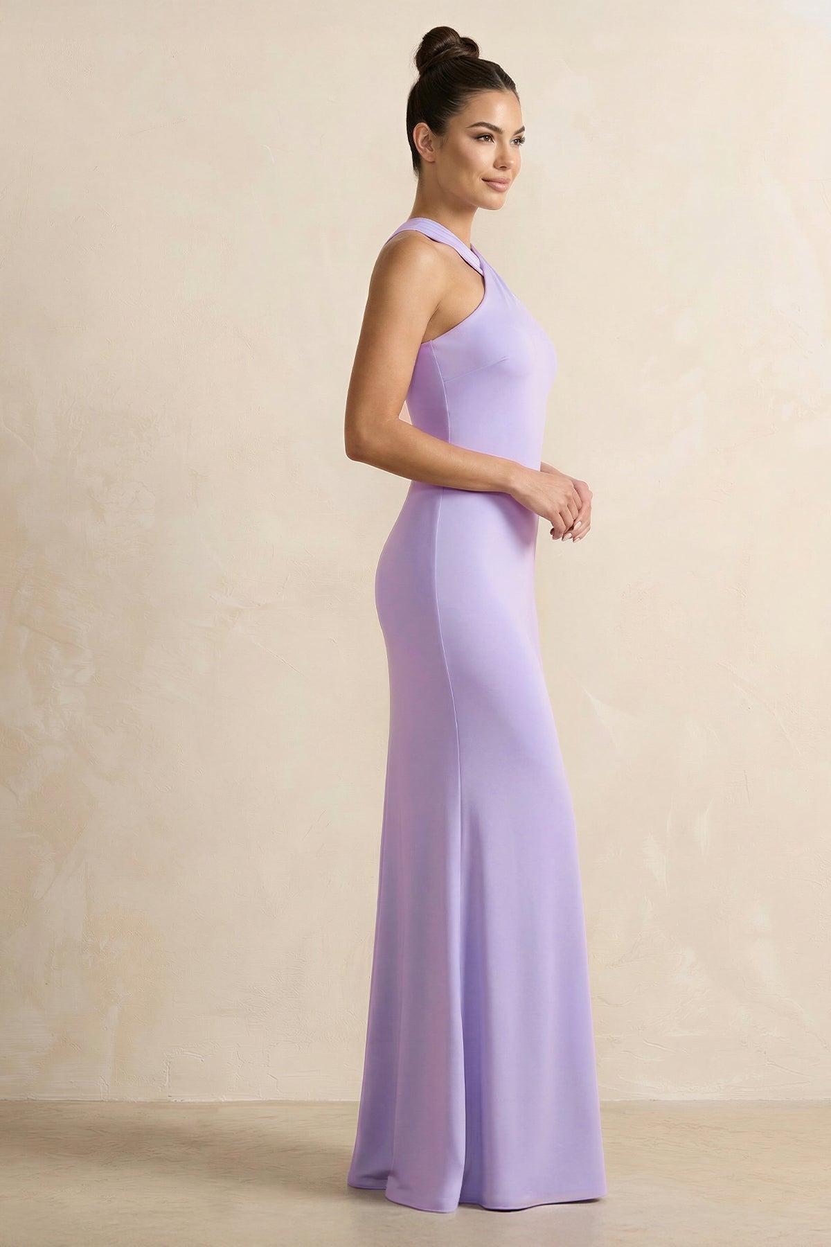 Crisscross Halter Sheath Chiffon Bridesmaid Dress with Bow in Lavender - Curvevia