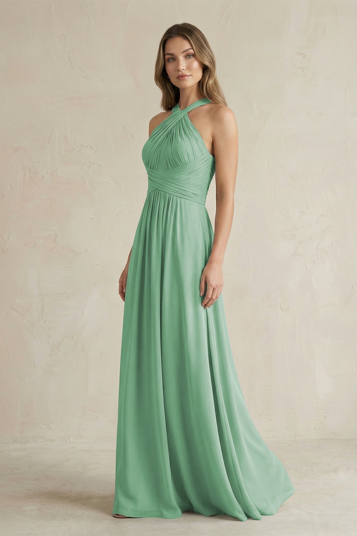Cross Halter A-Line Pleated Bridesmaid Dress in Sea Glass - Curvevia