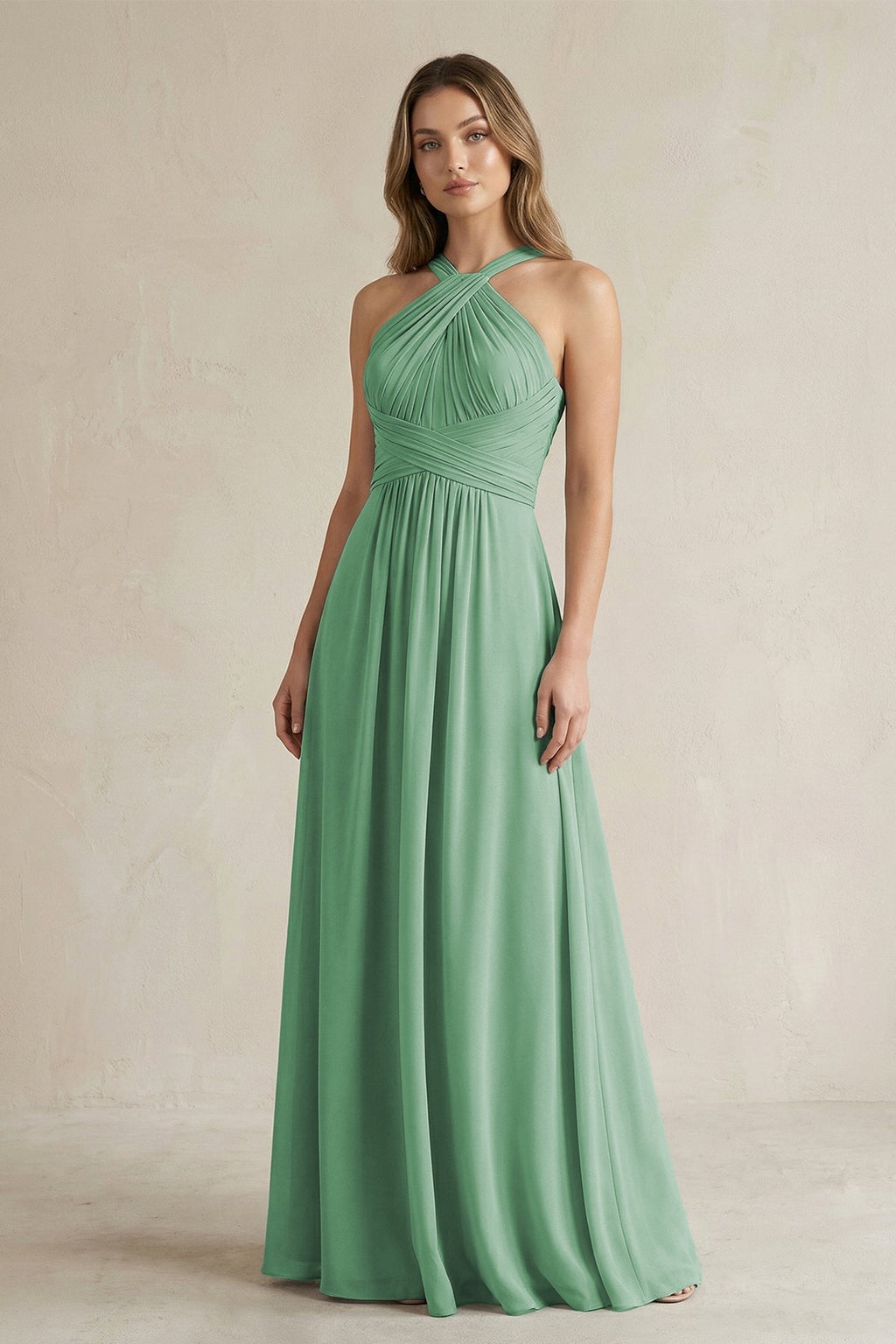 Cross Halter A-Line Pleated Bridesmaid Dress in Sea Glass - Curvevia