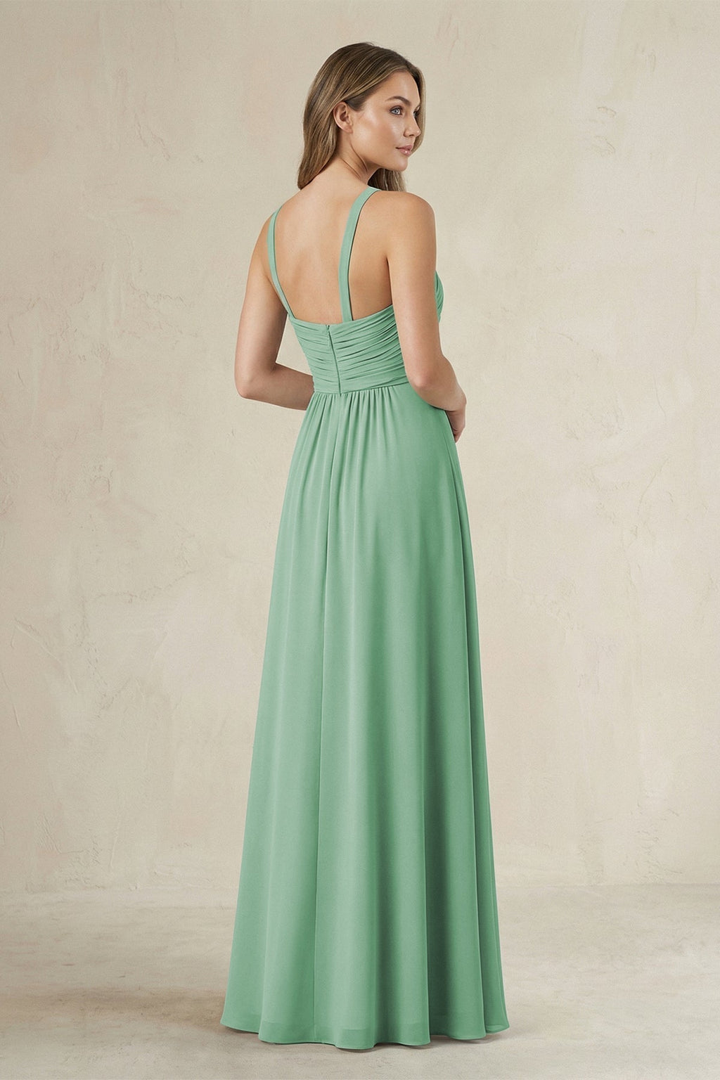 Cross Halter A-Line Pleated Bridesmaid Dress in Sea Glass - Curvevia