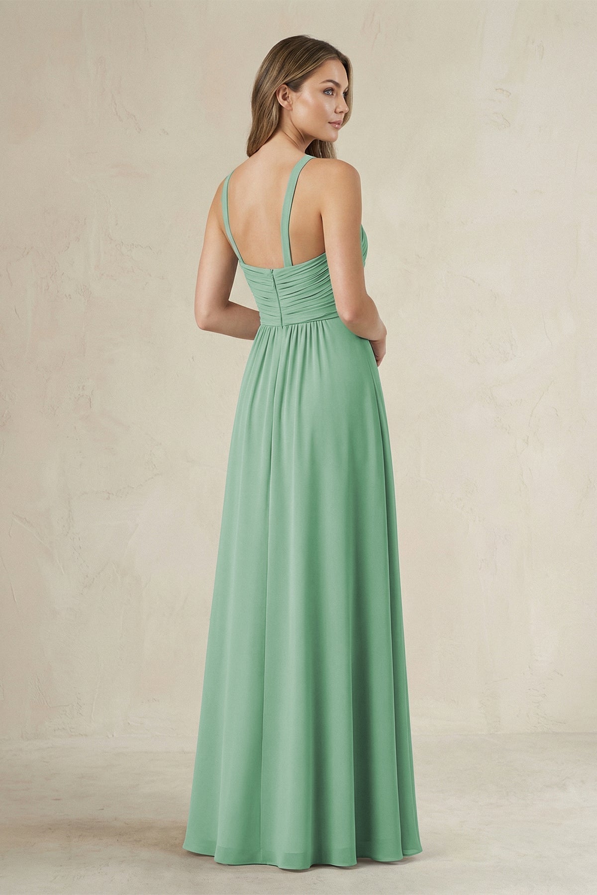 Cross Halter A-Line Pleated Bridesmaid Dress in Sea Glass - Curvevia