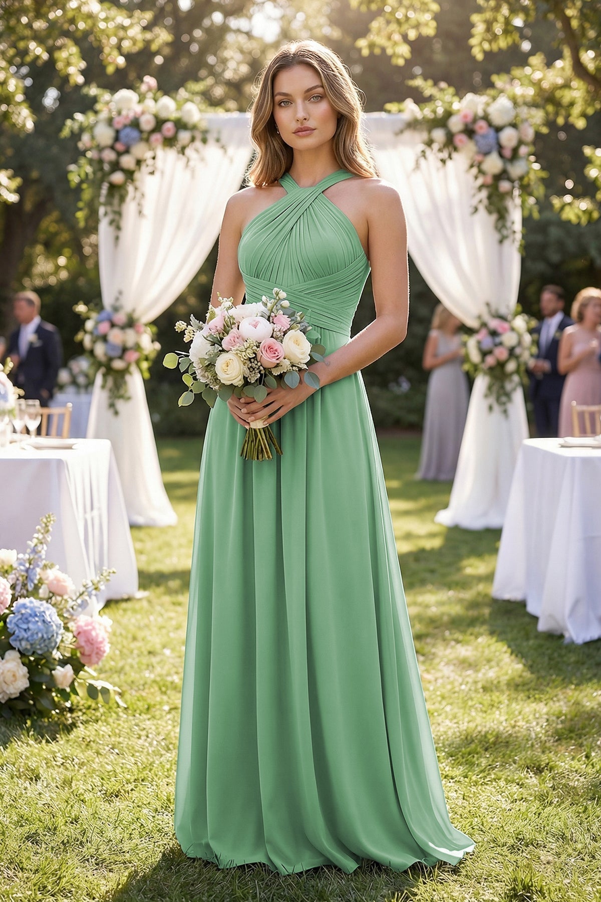 Cross Halter A-Line Pleated Bridesmaid Dress in Sea Glass - Curvevia