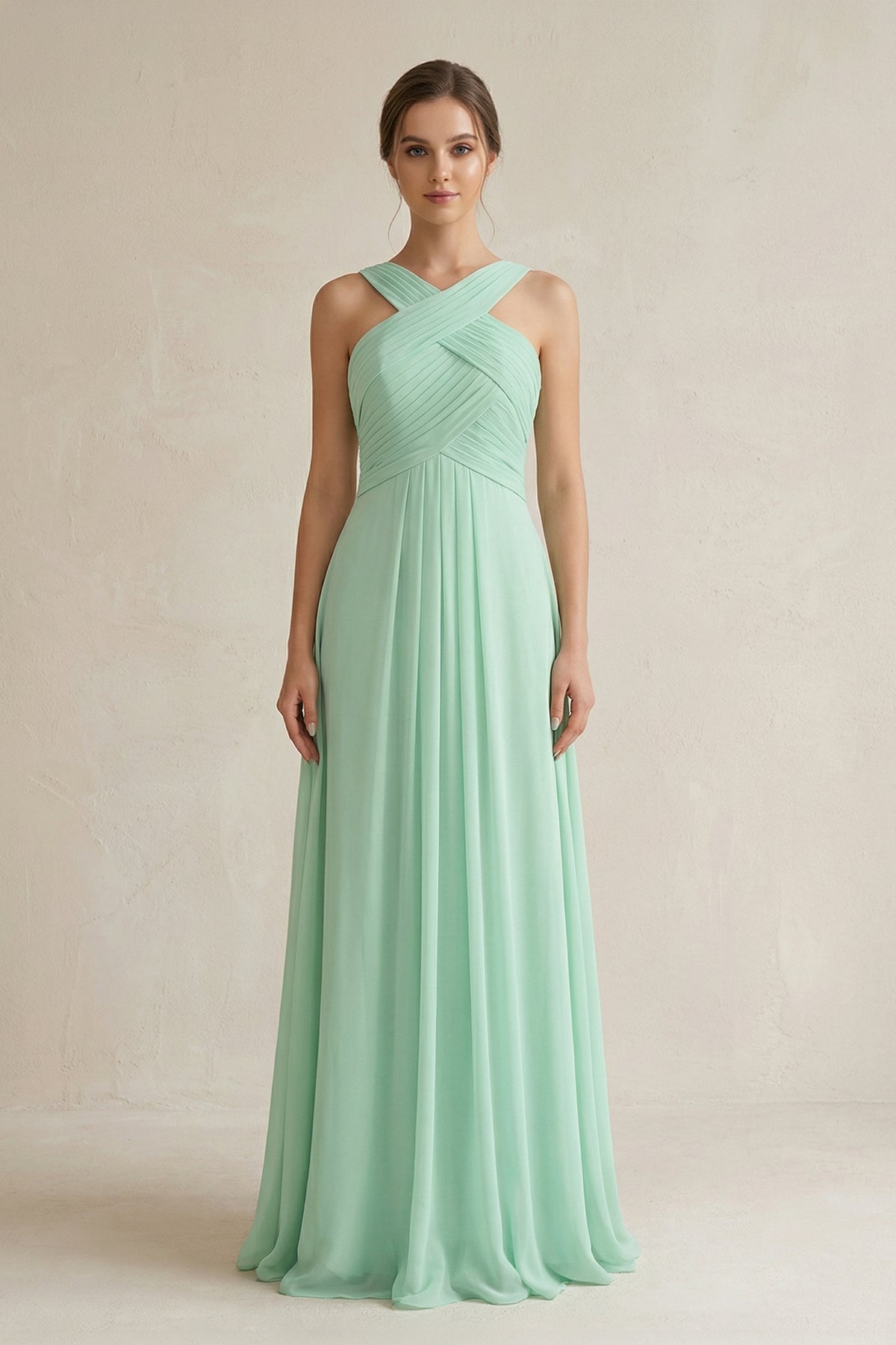 Cross Halter Chiffon A-Line Pleated Bridesmaid Dress in Pale Pistachio - Curvevia