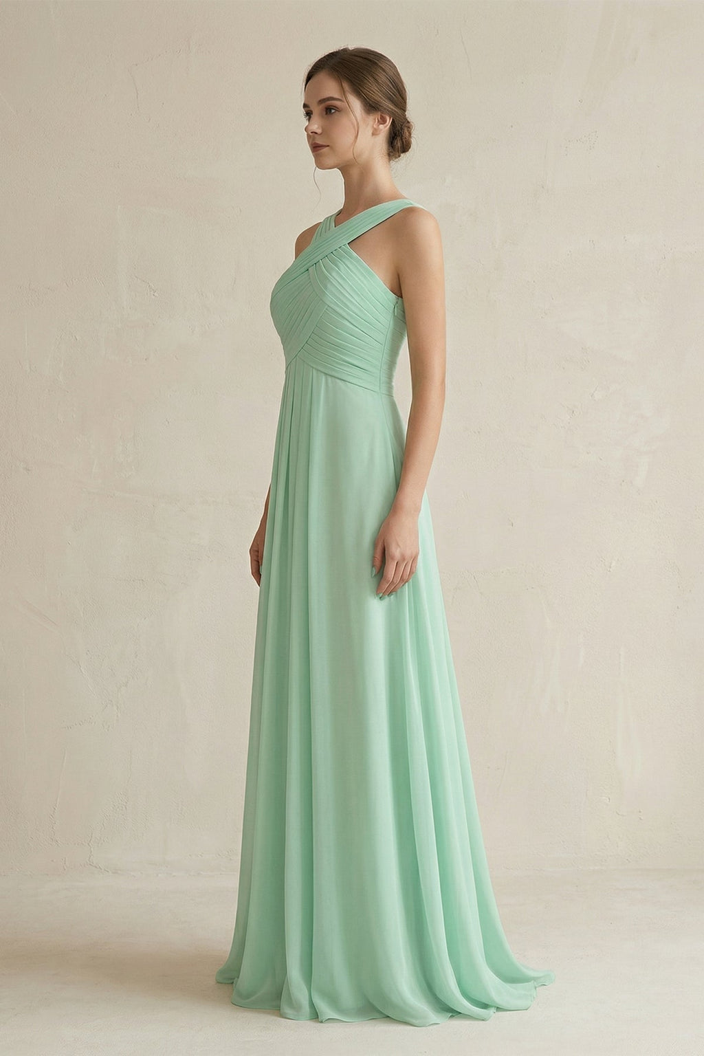 Cross Halter Chiffon A-Line Pleated Bridesmaid Dress in Pale Pistachio - Curvevia