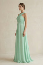 Cross Halter Chiffon A-Line Pleated Bridesmaid Dress in Pale Pistachio - Curvevia