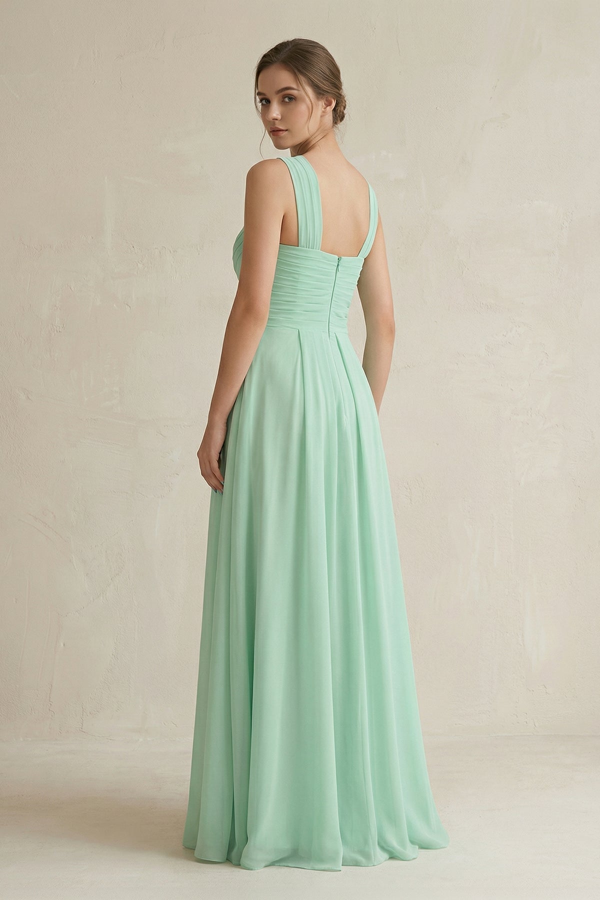 Cross Halter Chiffon A-Line Pleated Bridesmaid Dress in Pale Pistachio - Curvevia