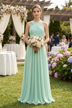 Cross Halter Chiffon A-Line Pleated Bridesmaid Dress in Pale Pistachio - Curvevia