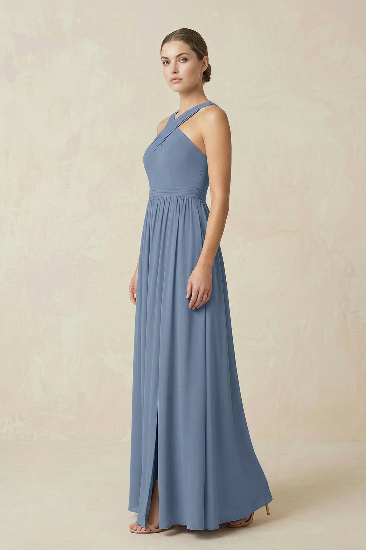 Cross Halter Neck Chiffon A-Line Mother of the Bride Dress With Slit in Neptune - Curvevia