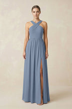 Cross Halter Neck Chiffon A-Line Mother of the Bride Dress With Slit in Neptune - Curvevia