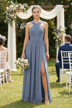 Cross Halter Neck Chiffon A-Line Mother of the Bride Dress With Slit in Neptune - Curvevia