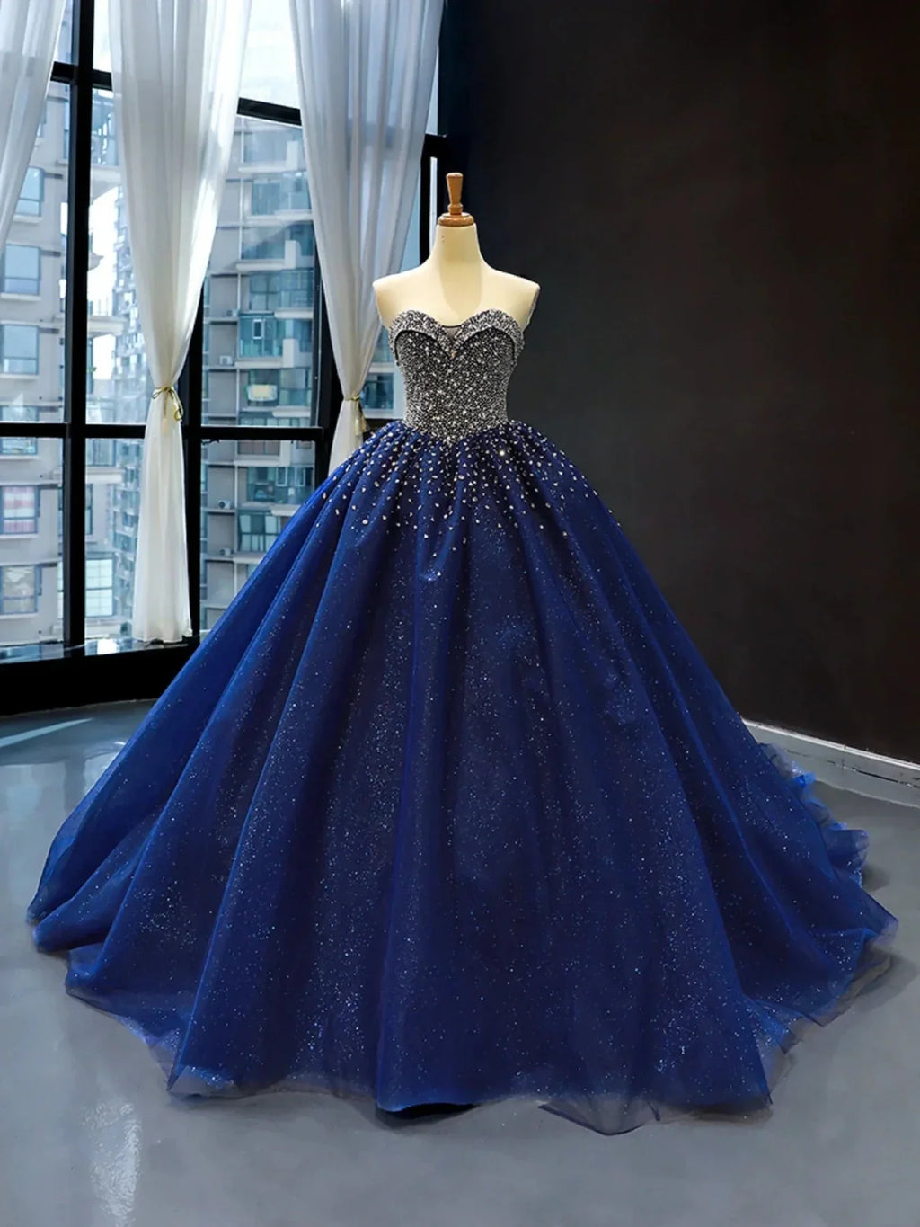 Navy Blue Sweetheart Tulle Quinceanera Dresses With Beadings - Curvevia