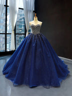 Navy Blue Sweetheart Tulle Quinceanera Dresses With Beadings - Curvevia