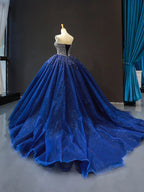 Navy Blue Sweetheart Tulle Quinceanera Dresses With Beadings - Curvevia