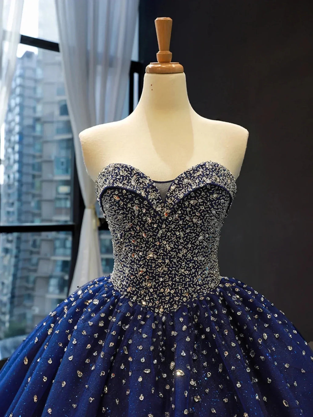 Navy Blue Sweetheart Tulle Quinceanera Dresses With Beadings - Curvevia