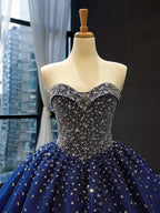 Navy Blue Sweetheart Tulle Quinceanera Dresses With Beadings - Curvevia