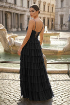 Spaghetti Straps Yellow Keyhole Tiered Ruffle Long Evening Dress - Curvevia