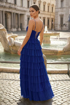 Spaghetti Straps Yellow Keyhole Tiered Ruffle Long Evening Dress - Curvevia