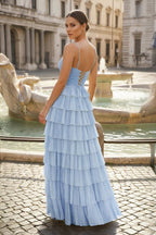 Spaghetti Straps Yellow Keyhole Tiered Ruffle Long Evening Dress - Curvevia