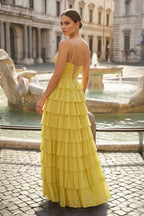 Spaghetti Straps Yellow Keyhole Tiered Ruffle Long Evening Dress - Curvevia