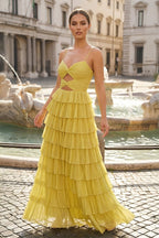 Spaghetti Straps Yellow Keyhole Tiered Ruffle Long Evening Dress - Curvevia