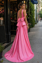 Cute Mermaid V Neck Pink Satin Long Mother of the Bride Dress with Big Bow - Curvevia