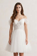 Ivory A-line V Neck Tulle Wedding Guest Dress - Curvevia