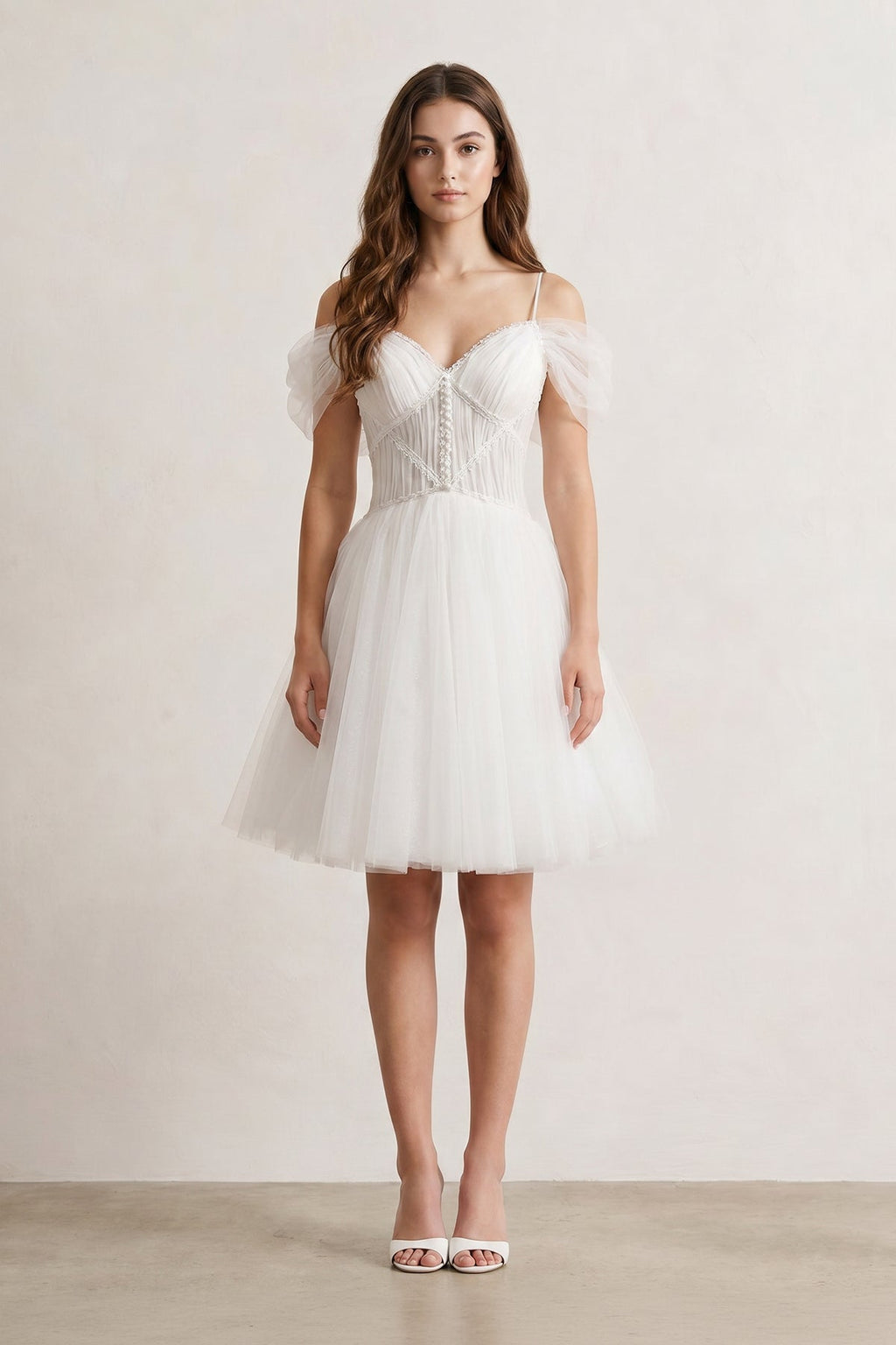 Ivory A-line V Neck Tulle Wedding Guest Dress - Curvevia