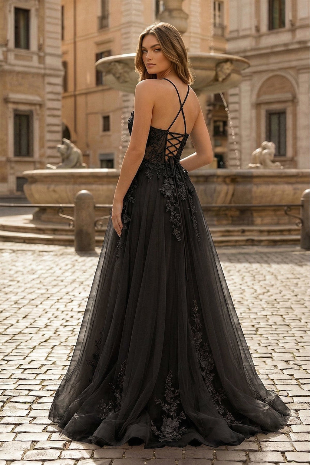 Coral Spaghetti-Straps A Line Tulle Prom Dress With Appliques - Curvevia