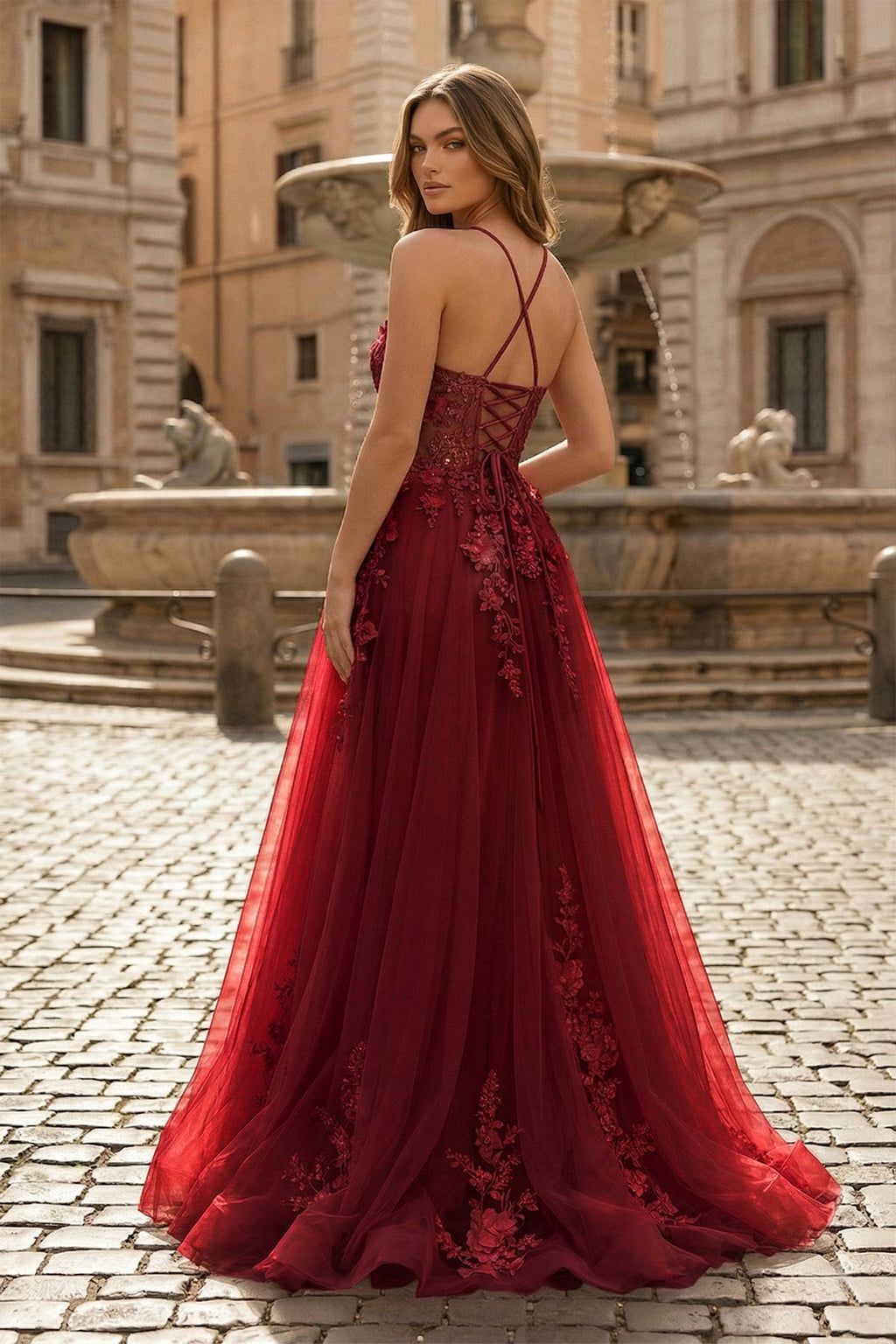 Coral Spaghetti-Straps A Line Tulle Prom Dress With Appliques - Curvevia