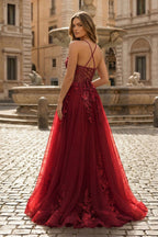 Coral Spaghetti-Straps A Line Tulle Prom Dress With Appliques - Curvevia