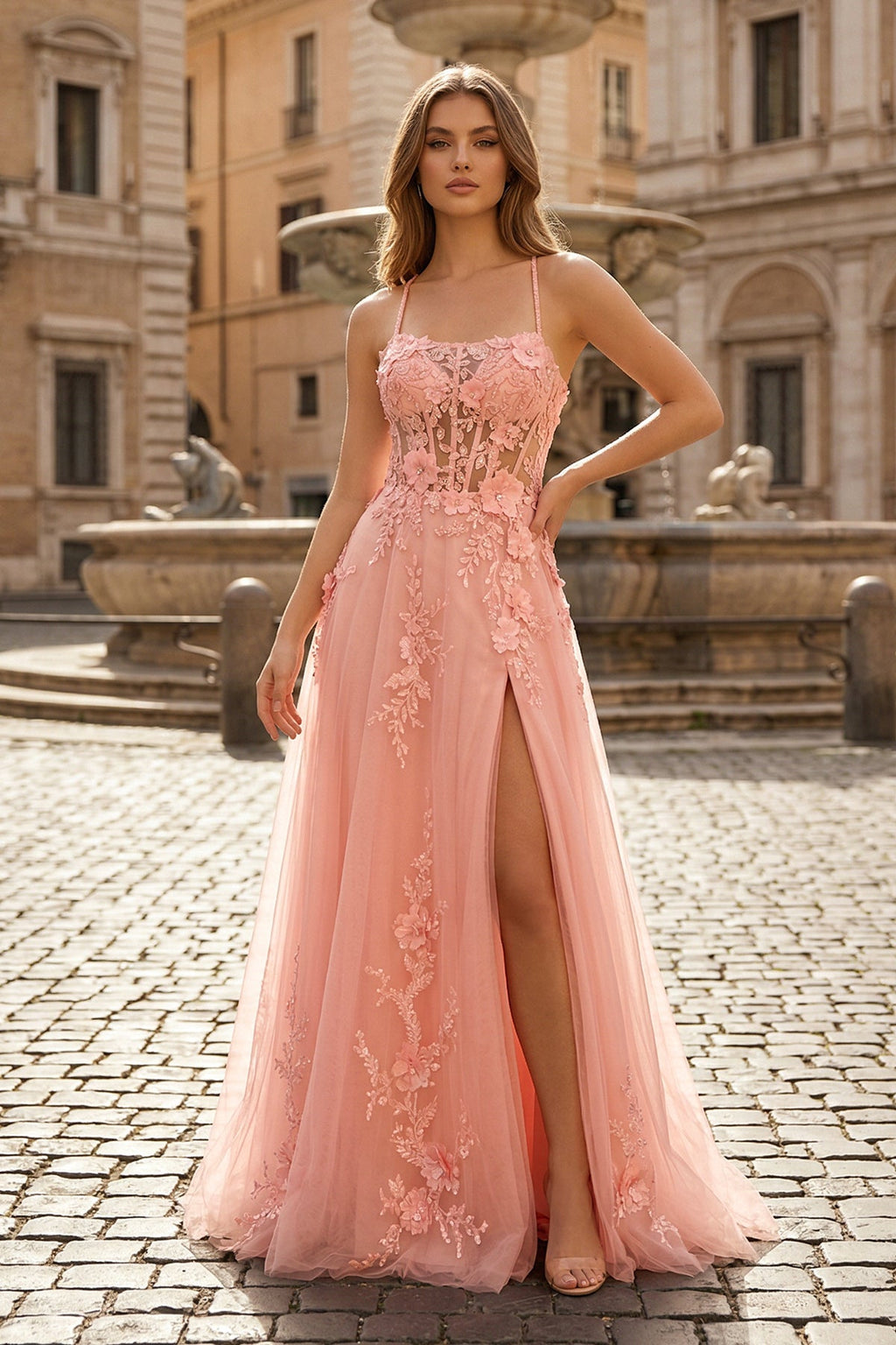 Coral Spaghetti-Straps A Line Tulle Prom Dress With Appliques - Curvevia