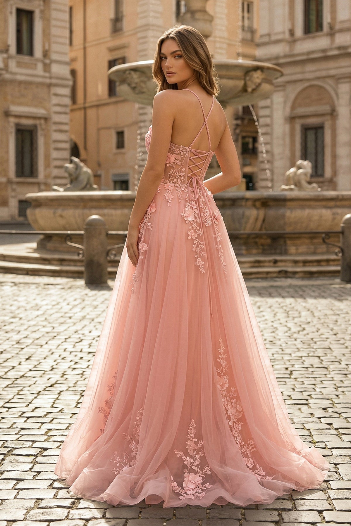 Coral Spaghetti-Straps A Line Tulle Prom Dress With Appliques - Curvevia