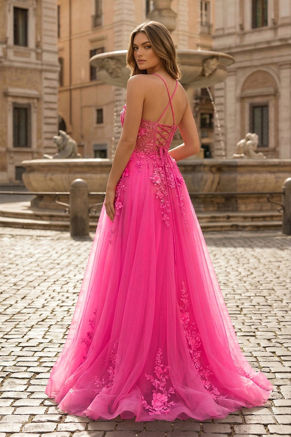 Coral Spaghetti-Straps A Line Tulle Prom Dress With Appliques - Curvevia