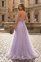 Coral Spaghetti-Straps A Line Tulle Prom Dress With Appliques - Curvevia