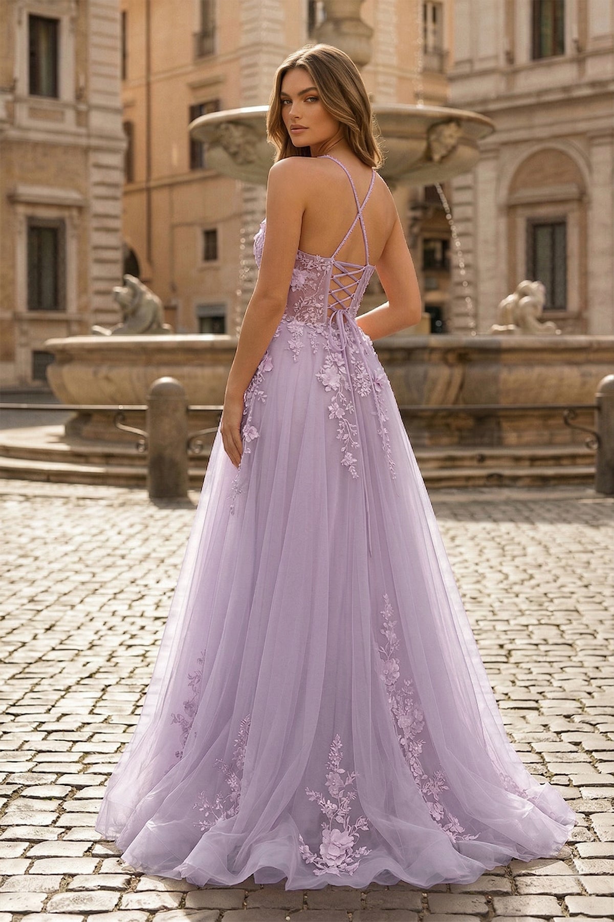 Coral Spaghetti-Straps A Line Tulle Prom Dress With Appliques - Curvevia