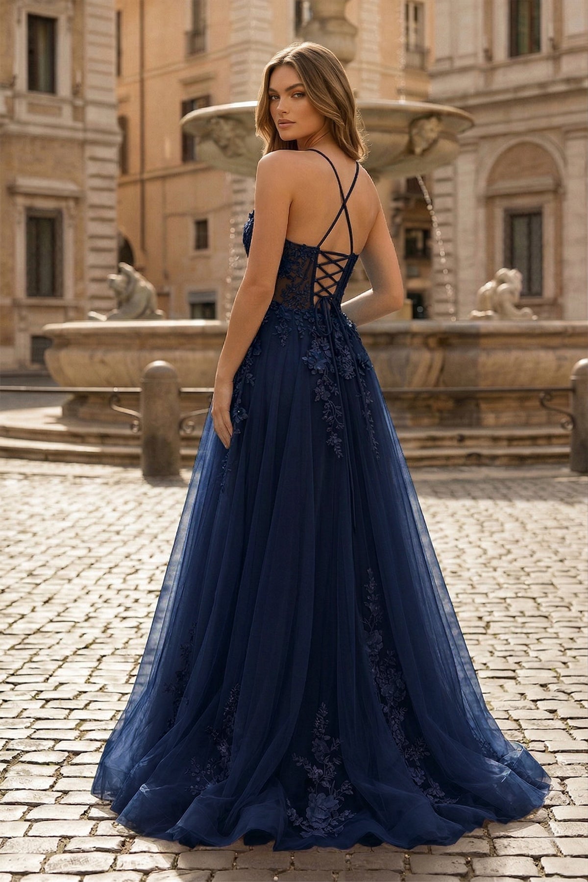 Coral Spaghetti-Straps A Line Tulle Prom Dress With Appliques - Curvevia