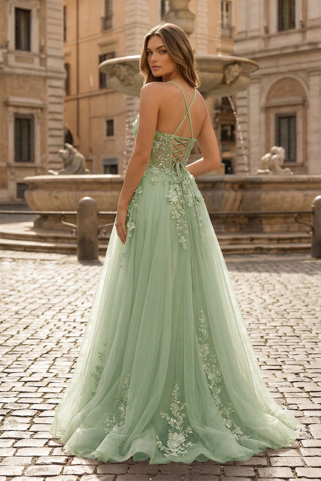 Coral Spaghetti-Straps A Line Tulle Prom Dress With Appliques - Curvevia