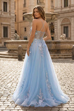 Coral Spaghetti-Straps A Line Tulle Prom Dress With Appliques - Curvevia