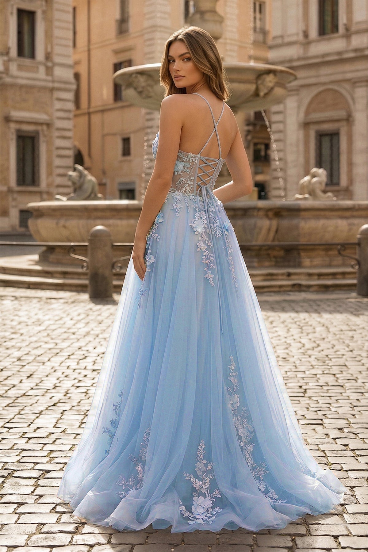 Coral Spaghetti-Straps A Line Tulle Prom Dress With Appliques - Curvevia