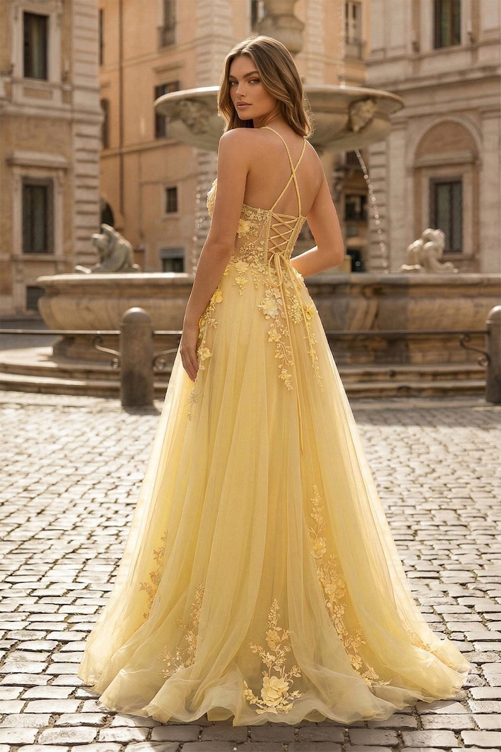 Coral Spaghetti-Straps A Line Tulle Prom Dress With Appliques - Curvevia
