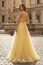Coral Spaghetti-Straps A Line Tulle Prom Dress With Appliques - Curvevia