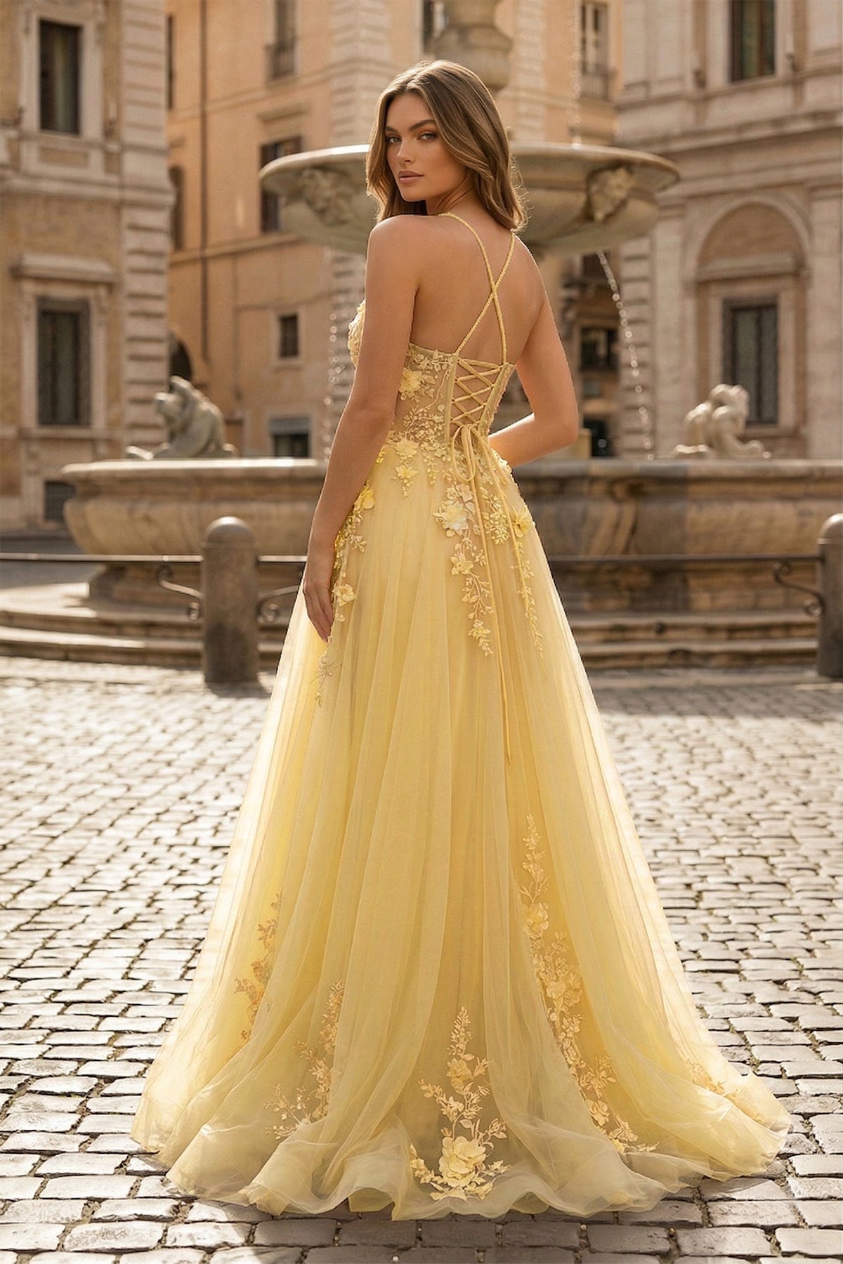 Coral Spaghetti-Straps A Line Tulle Prom Dress With Appliques - Curvevia