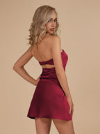 Burgundy Strapless Satin Sheath Short Homecoming Dress - Curvevia