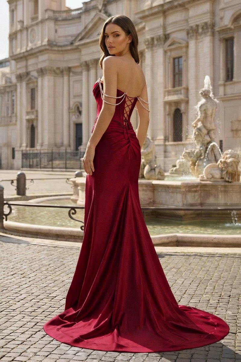 Fuchsia Off The Shoulder Satin Pleated Mermaid Evening Dress With Beading - Curvevia