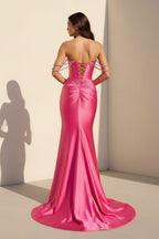 Fuchsia Off The Shoulder Satin Pleated Mermaid Evening Dress With Beading - Curvevia