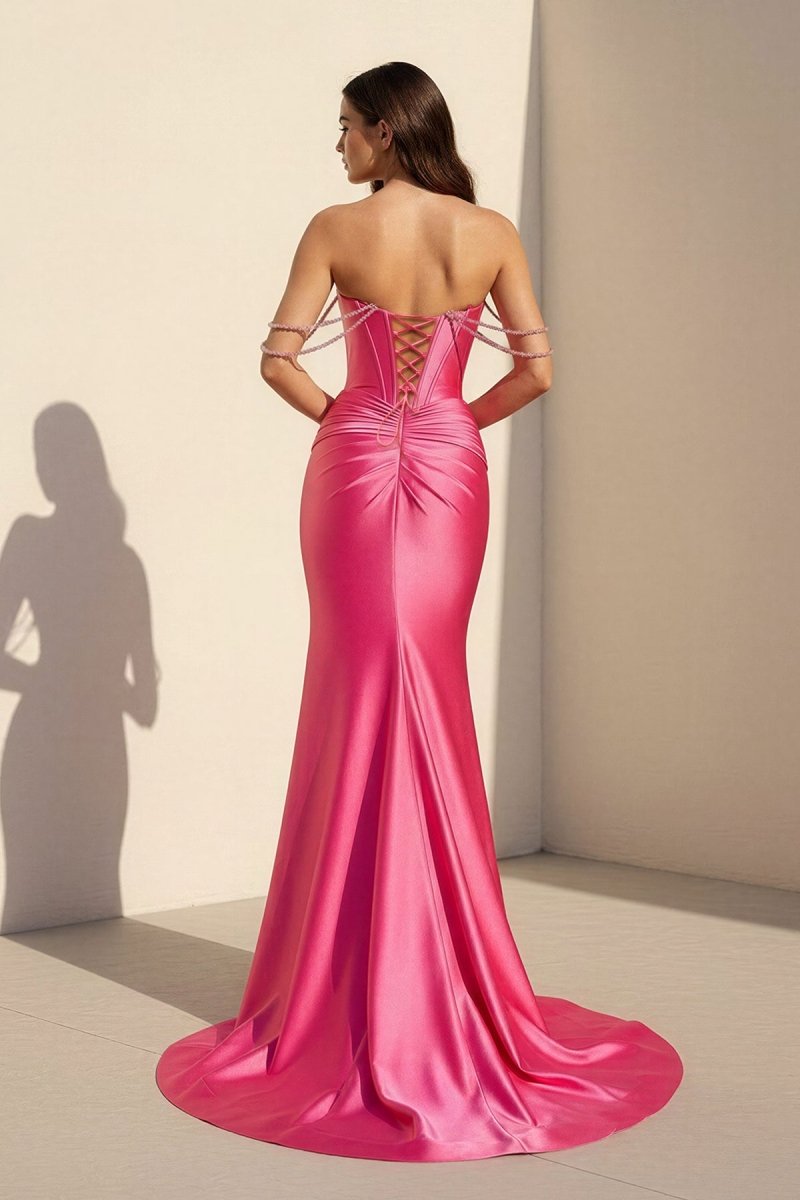 Fuchsia Off The Shoulder Satin Pleated Mermaid Evening Dress With Beading - Curvevia
