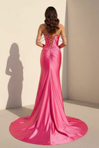 Fuchsia Off The Shoulder Satin Pleated Mermaid Evening Dress With Beading - Curvevia