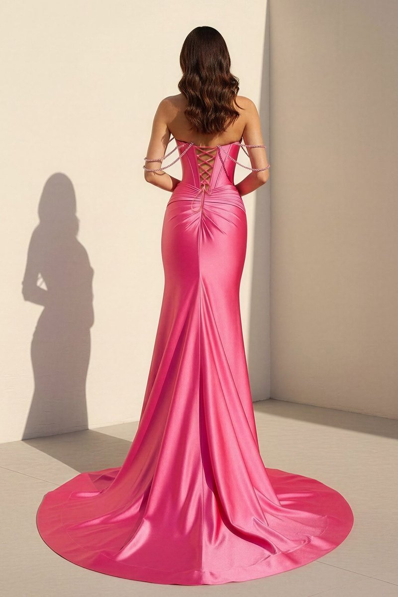 Fuchsia Off The Shoulder Satin Pleated Mermaid Evening Dress With Beading - Curvevia