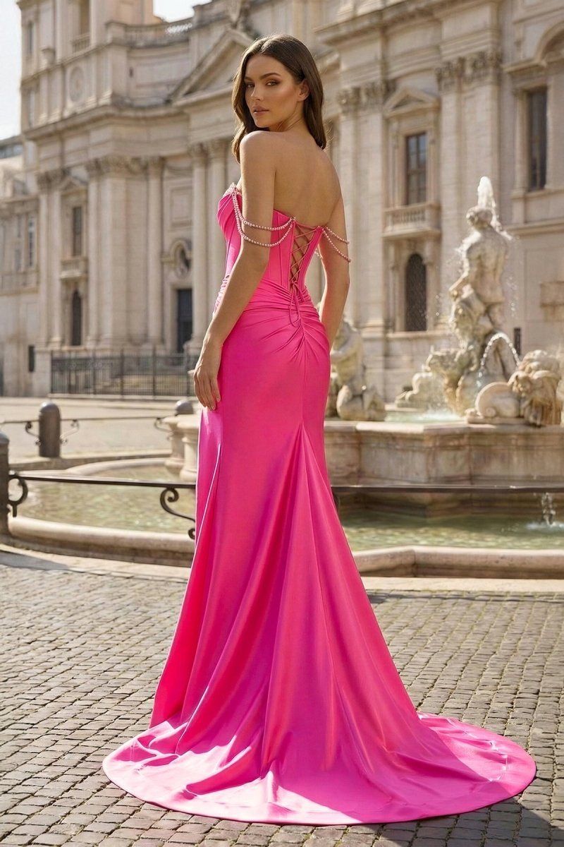 Fuchsia Off The Shoulder Satin Pleated Mermaid Evening Dress With Beading - Curvevia
