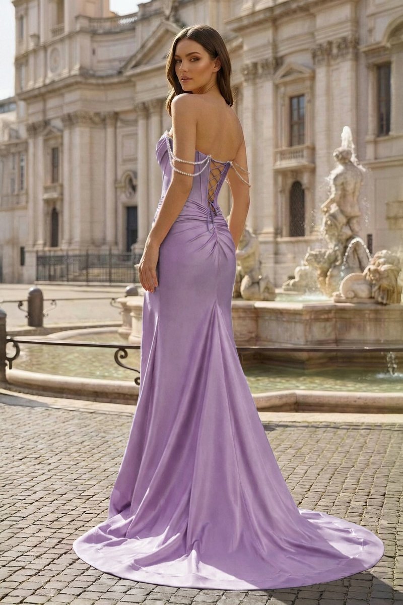 Fuchsia Off The Shoulder Satin Pleated Mermaid Evening Dress With Beading - Curvevia